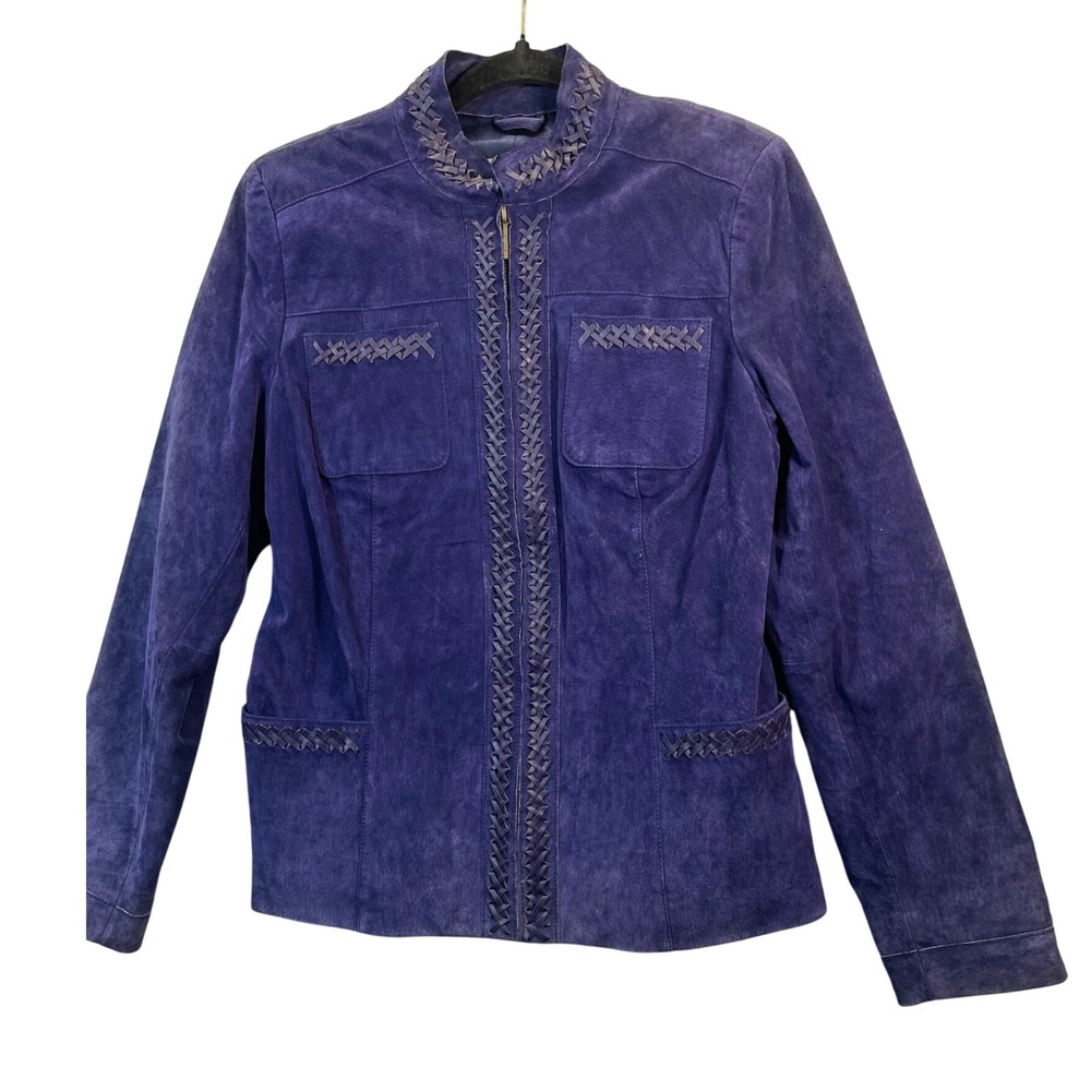 Bradley Bayou Women Navy Blue Suede Leather Jacket With Braided Detail Zip Front